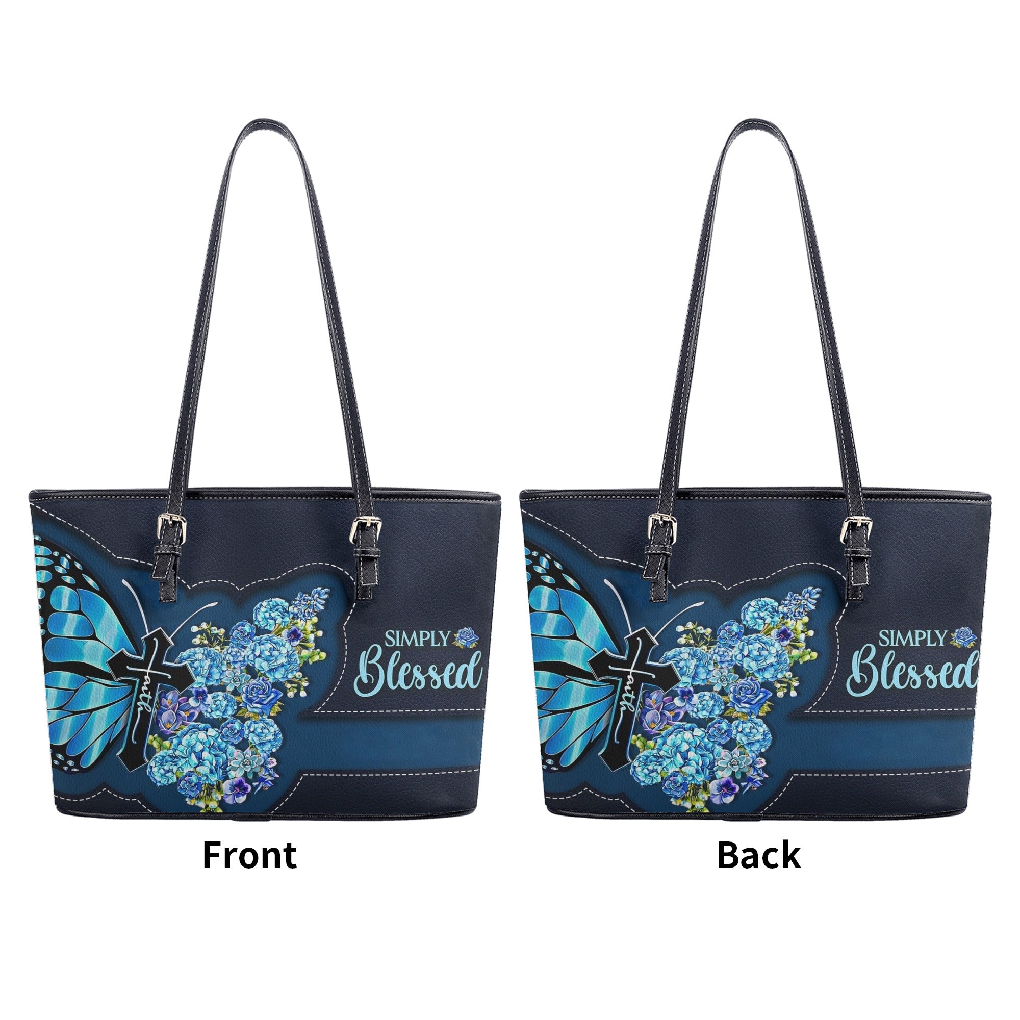 Simply Blessed Blue Butterfly Flower Leather Bag, Custom Name Bags, Jesus christian Bags. BLAF02